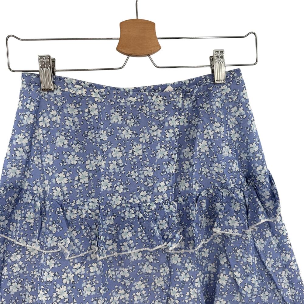 Kisuii Floral Ruffle Mini Skirt Blue Silk Blend Tiered Womens XS‎ Boho - Picture 2 of 9
